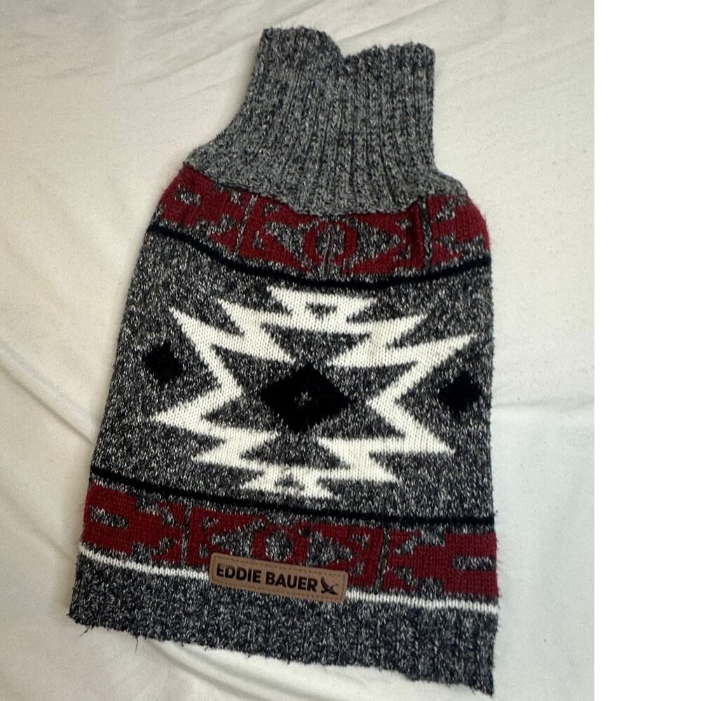 Eddie Bauer Dog Sweater Size Small Gray Red Southwestern Fair Isle Knit 14"